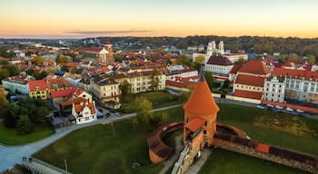 Kaunas, Lithuania: aerial top view of old town and castle