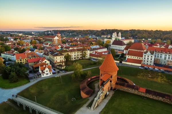 Kaunas, Lithuania: aerial top view of old town and castle
