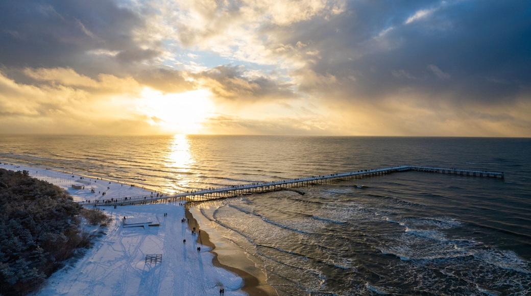 Aerial winter sunny frozen day view of snowy resort Palanga, Lithuania