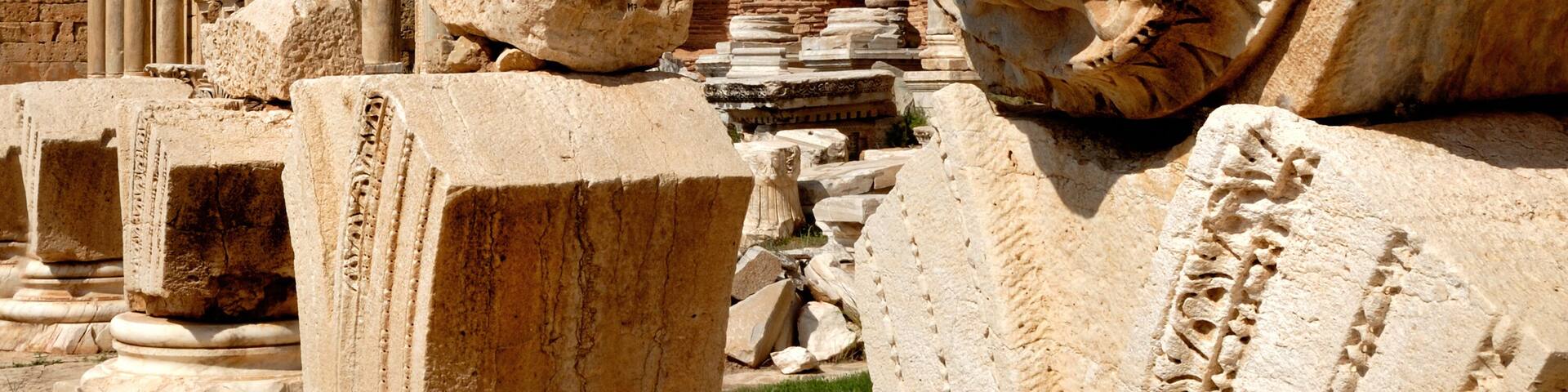 Libya, Tripoli, Leptis Magna, Murqub District, Khoms, Severan Forum, Close-up of Medusa, Roman archaeological site Unesco World Heritage Site