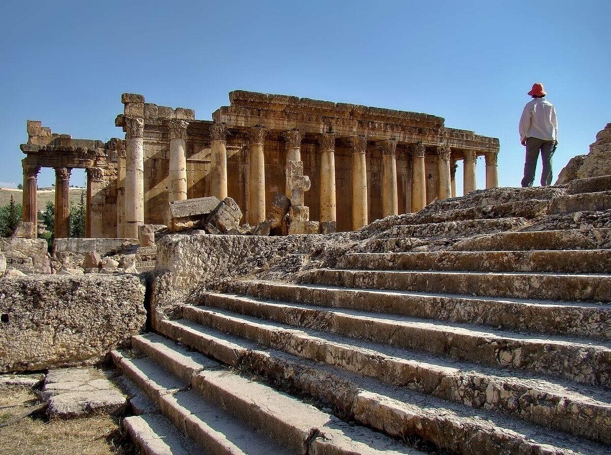 The atmospheric ruins of Baalbek in the Bekaa Valley . Here 's a view across the steps leading up to the Temple of Jupiter towards the very well preserved Temple of Bacchus. 