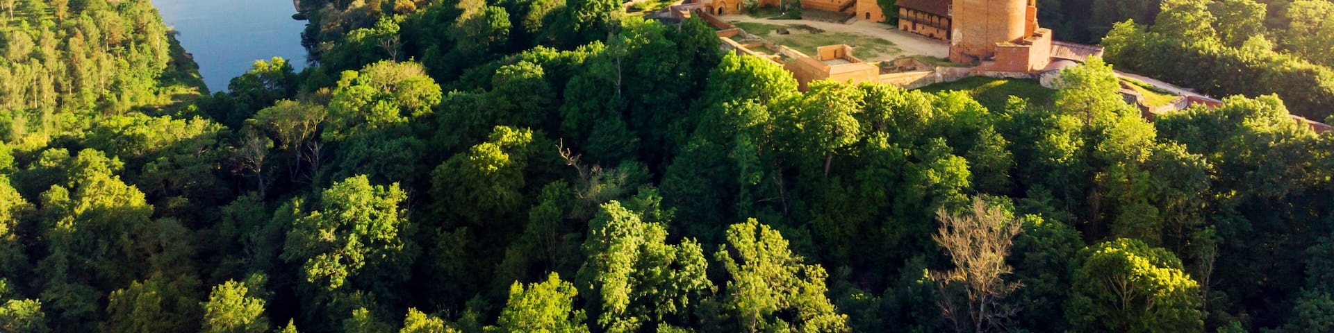 aerial view to the Turaida castle and river Gauja at sunset, Latvia