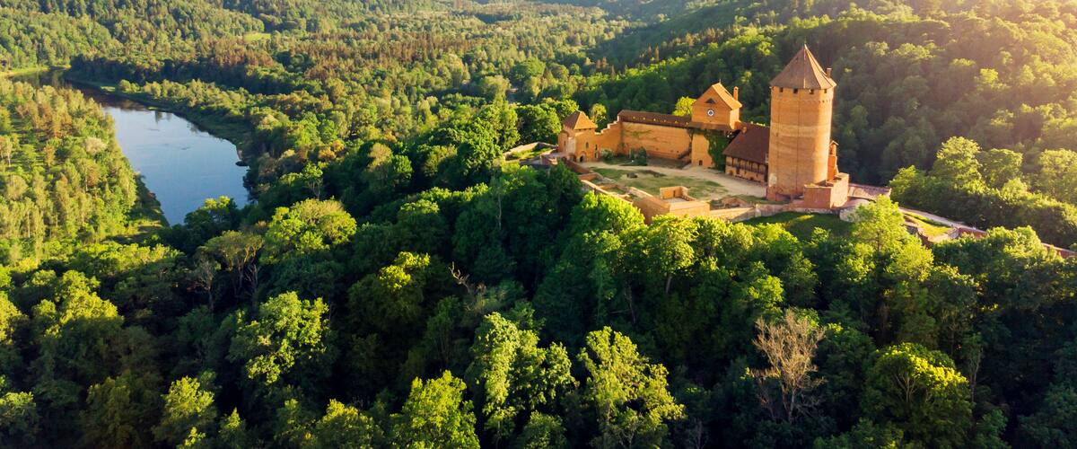 A castle surrounded by dense forest and a river.