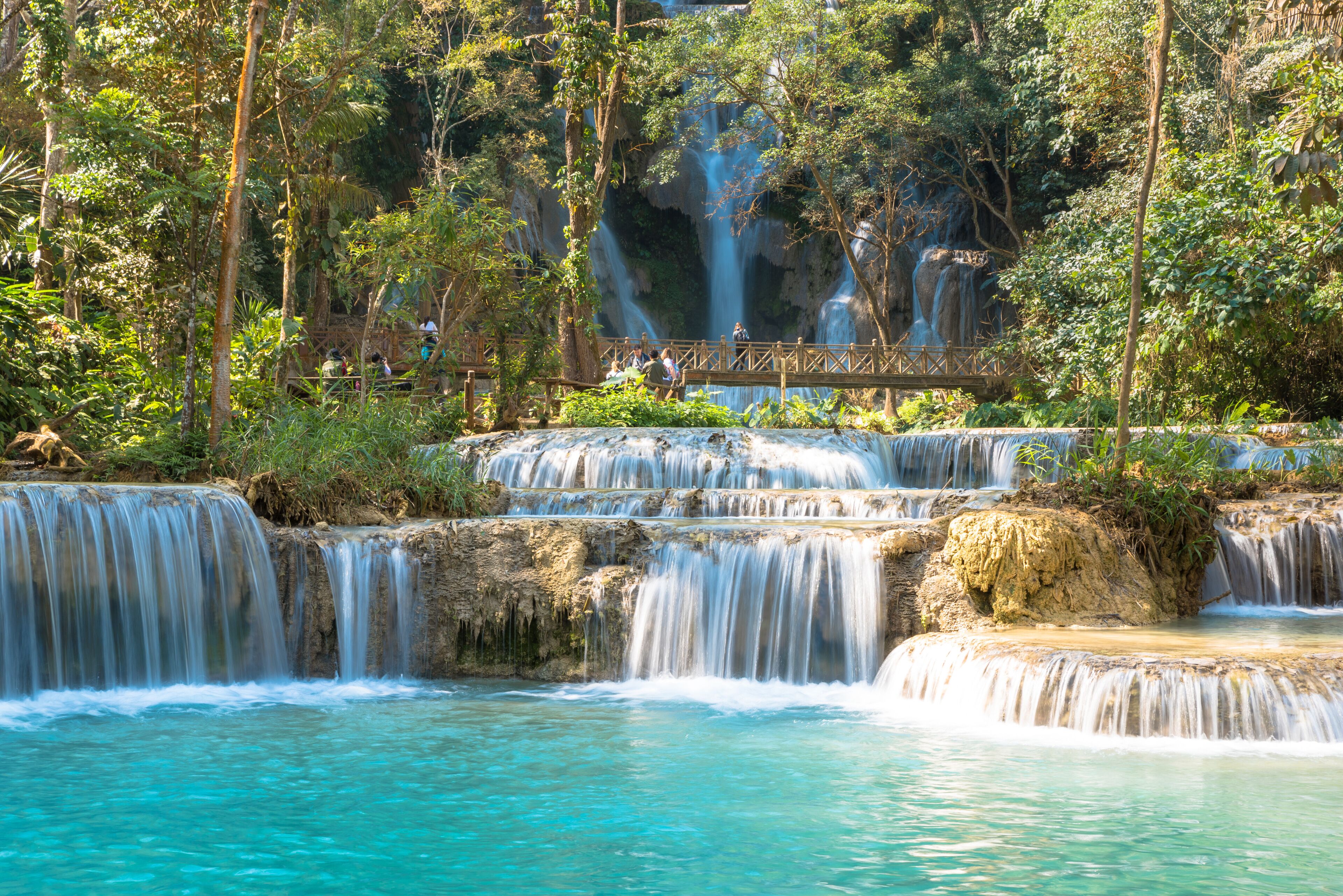 Waterfall in forest, names " Tat Kuang Si Waterfalls