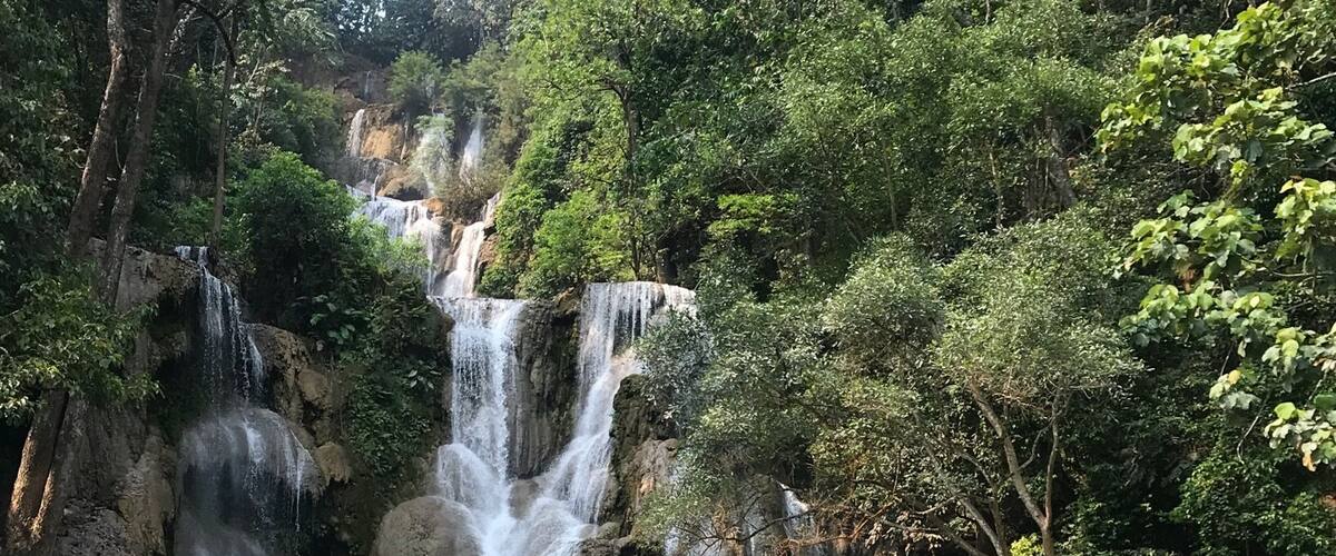 The Kuang Si Waterfall near Luang Prabang is just amazing. You start the hike along some natural pools before you reach the romantic step on this picture. Following the river to its source is again a different impression: The water rins thru the jungle before it falls down immediately. #River