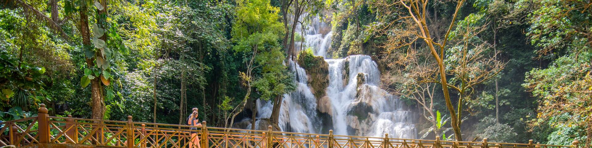 Pool and waterfall in the Tat Kuang Si waterfall system near Luang Prabang in Laos, Indochina, Asia.