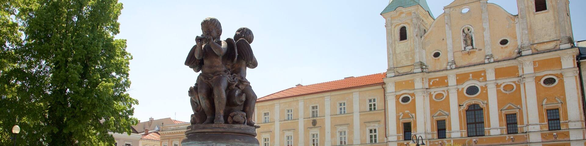 Marianske Namestie which includes a statue or sculpture, a square or plaza and a fountain