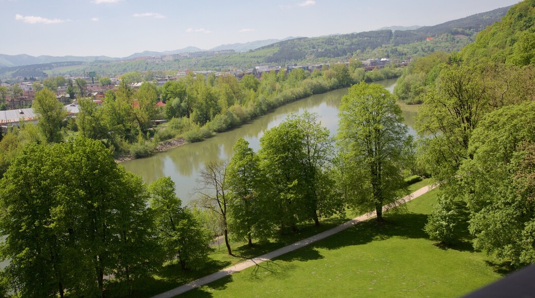 Castillo de Budatin ofreciendo una ciudad, un jardín y un río o arroyo