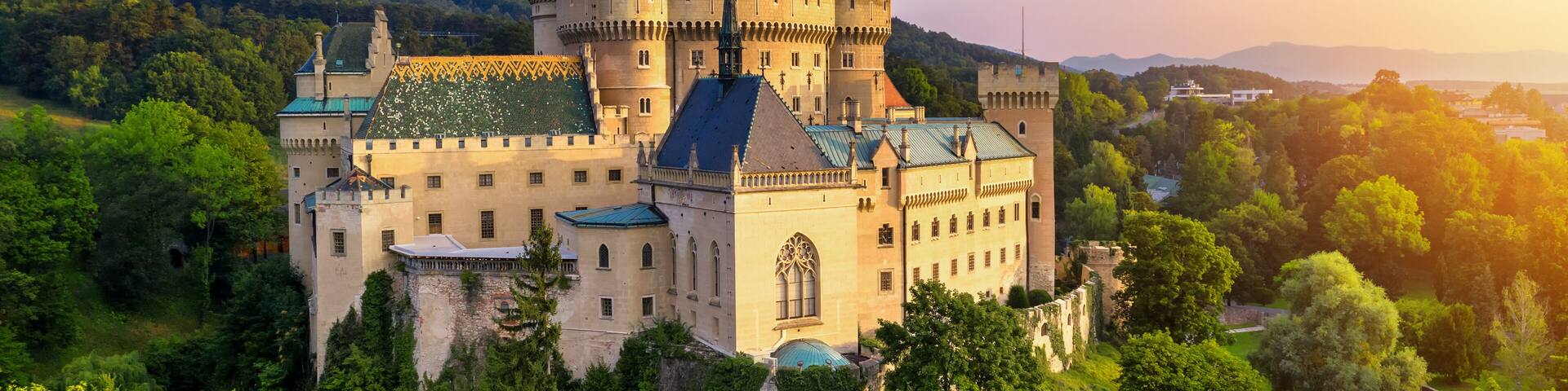 Aerial view of Bojnice medieval castle, UNESCO heritage in Slovakia. Romantic castle with gothic and Renaissance elements built in 12th century.