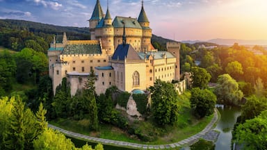 Aerial view of Bojnice medieval castle, UNESCO heritage in Slovakia. Romantic castle with gothic and Renaissance elements built in 12th century.