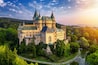 Aerial view of Bojnice medieval castle, UNESCO heritage in Slovakia. Romantic castle with gothic and Renaissance elements built in 12th century.