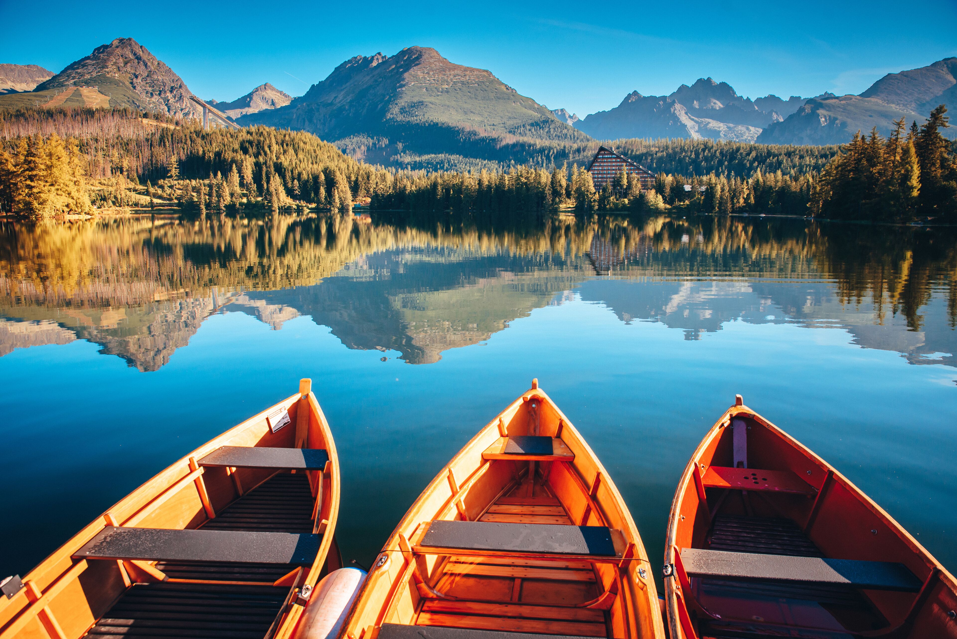 Mountain lake Strbske pleso in National Park High Tatras at sunset, Slovakia, Europe