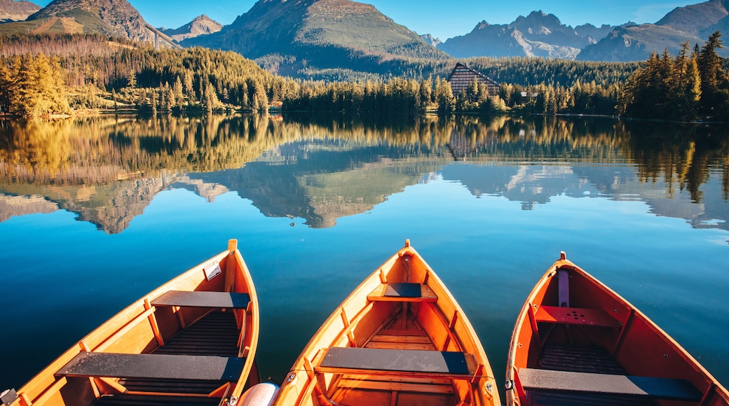 Mountain lake Strbske pleso in National Park High Tatras at sunset, Slovakia, Europe