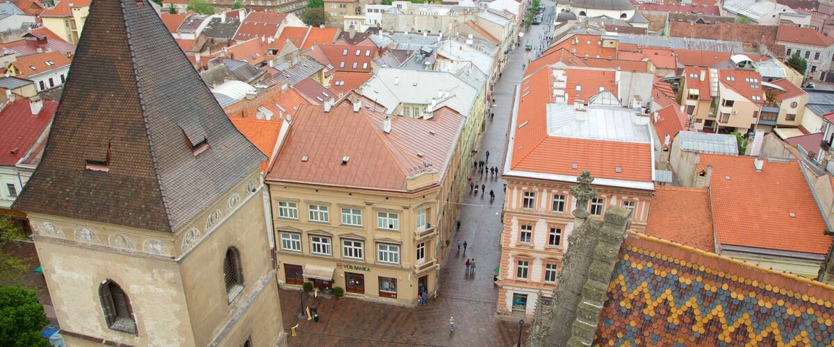 A cityscape with a prominent tower and a street lined with historic buildings.