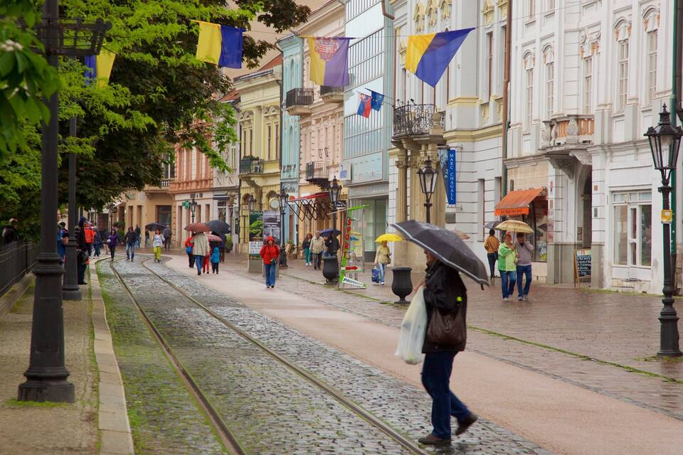 A cobblestone street lined with historic buildings, some with balconies and flags.