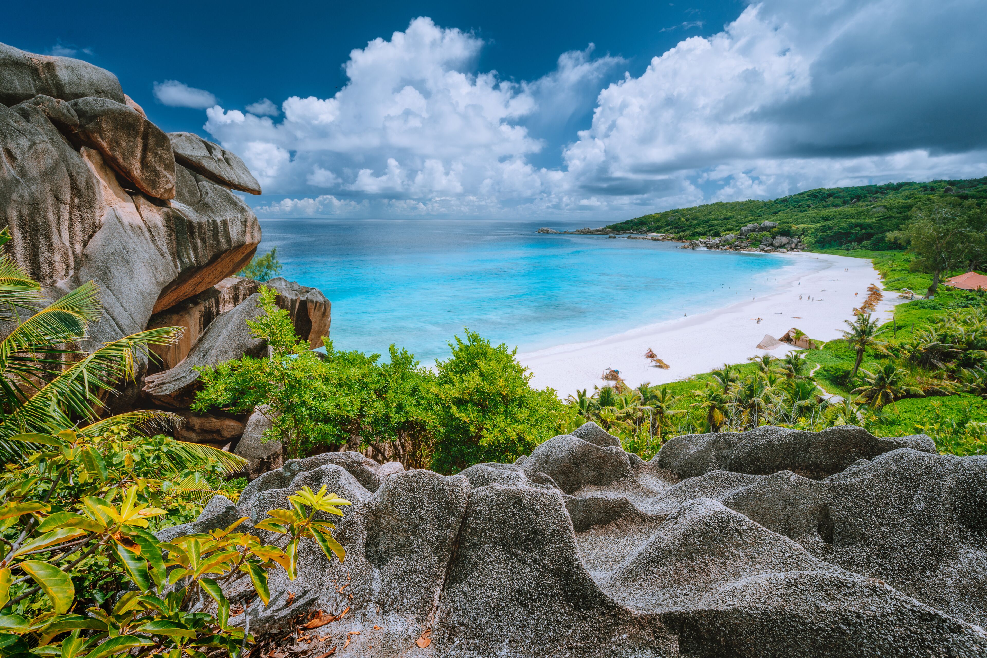 Grand Anse beach from view point. La Digue island, Seychelles
