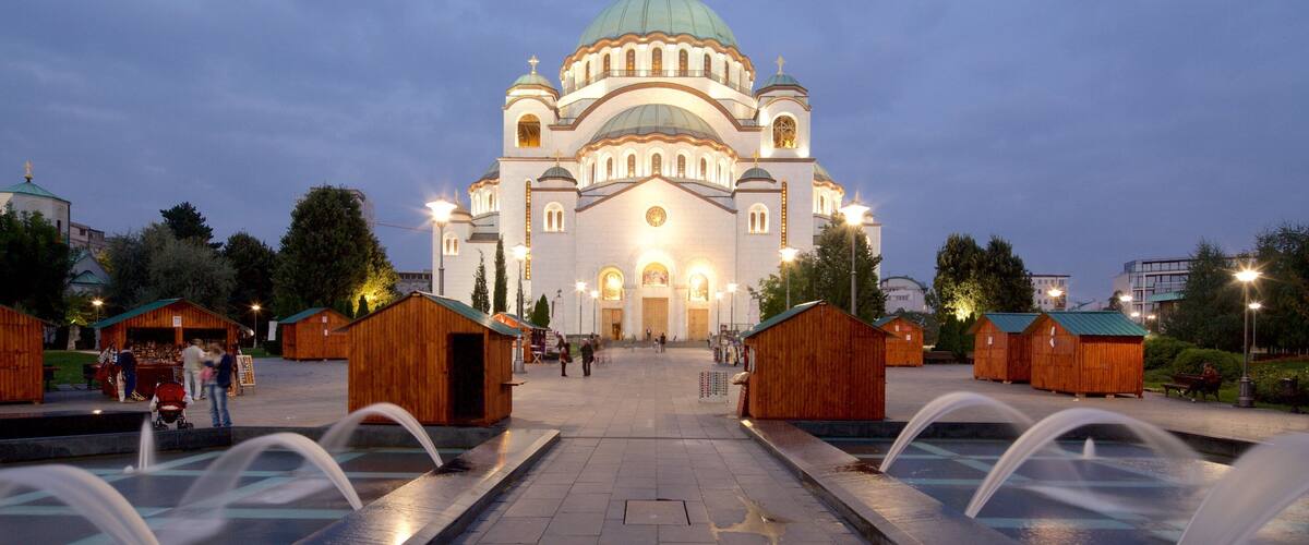 Cathedral of Saint Sava featuring a church or cathedral, a city and a fountain
