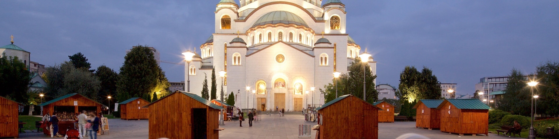 Cathedral of Saint Sava featuring a church or cathedral, a city and a fountain