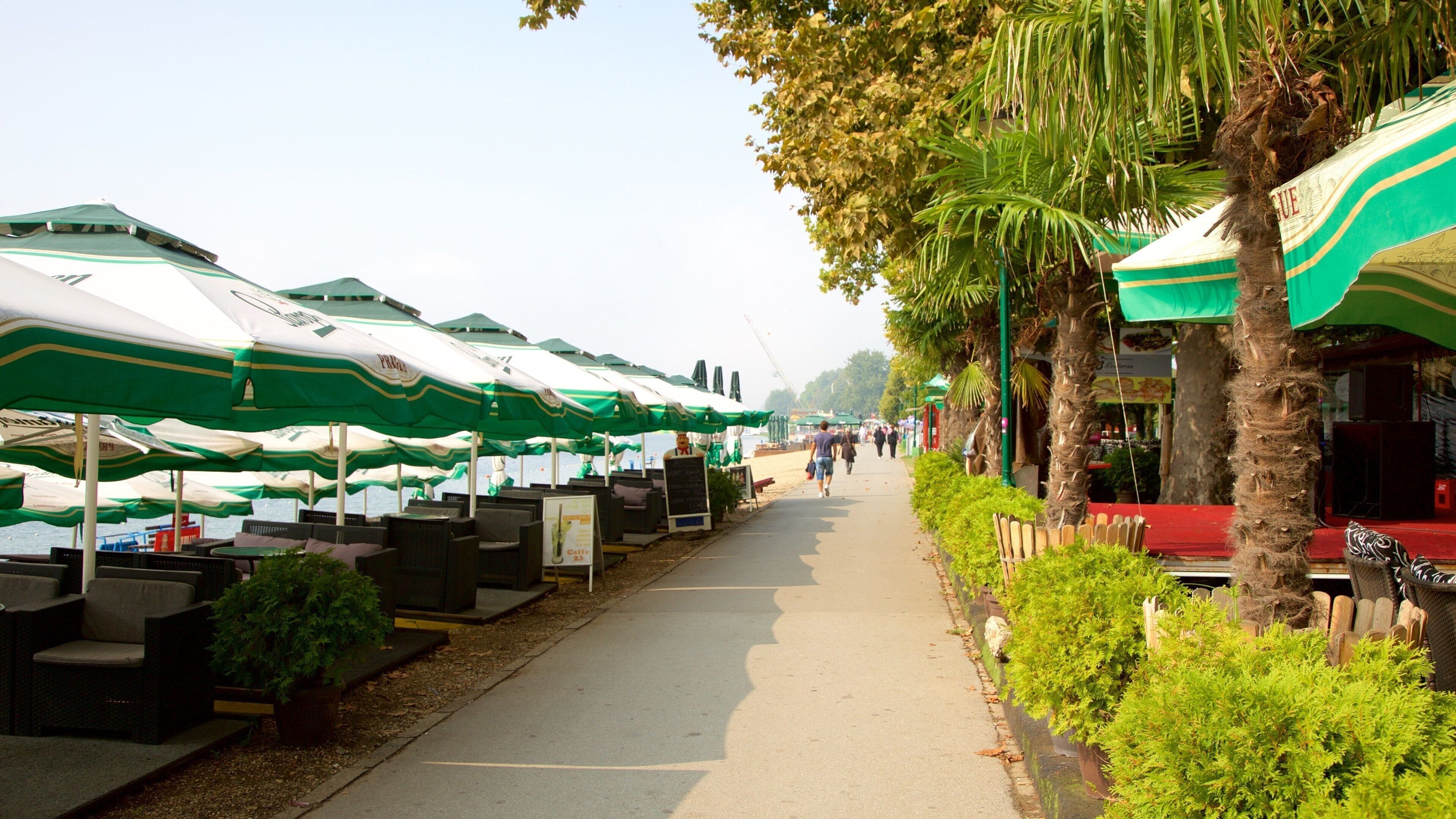 Ada Ciganlija som viser cafélivsstil, udendørs spisning og en kystby