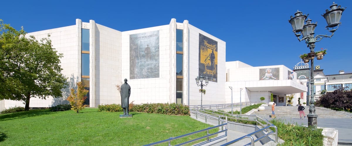 National Theatre of Serbia showing a city and theatre scenes