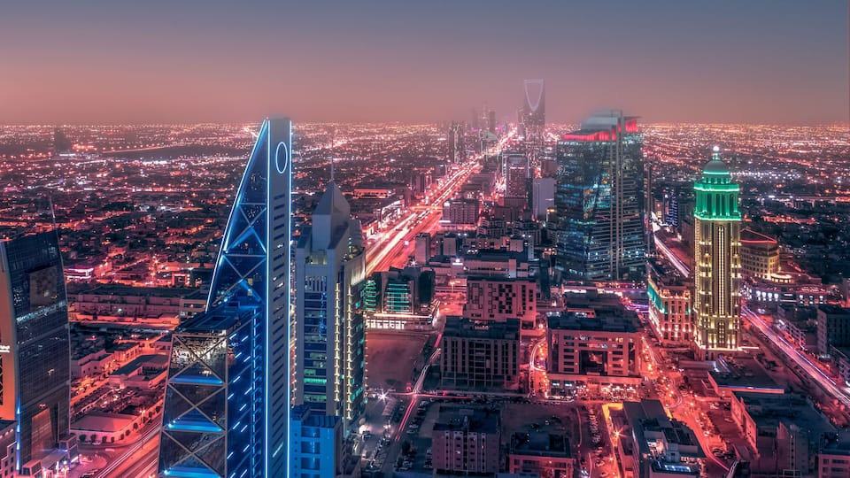Kingdom of Saudi Arabia Landscape at night - Riyadh Tower Kingdom Center - Kingdom Tower - Riyadh skyline - Riyadh at night