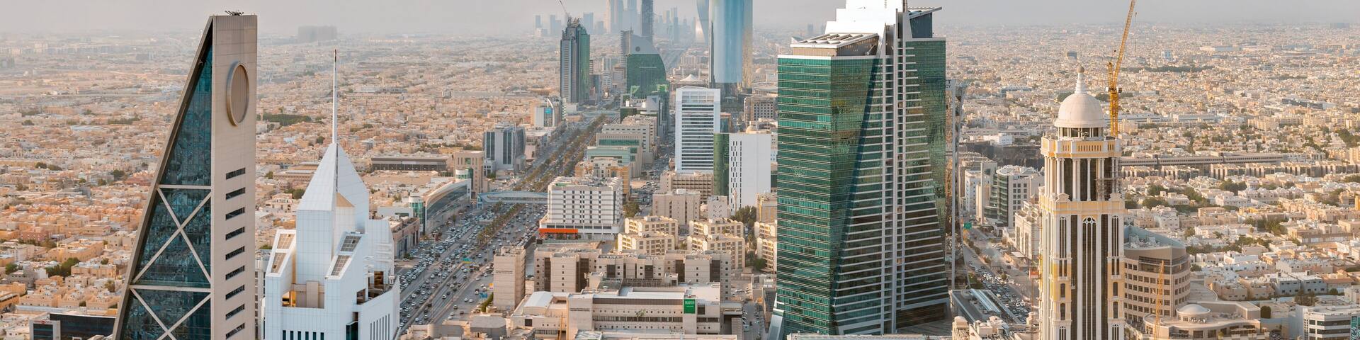 Saudi Arabia Riyadh landscape at Mourning - Riyadh Tower Kingdom Centre, Kingdom Tower, Riyadh Skyline - Burj Al-Mamlaka, AlMamlakah - Riyadh at Daylight - Tower View