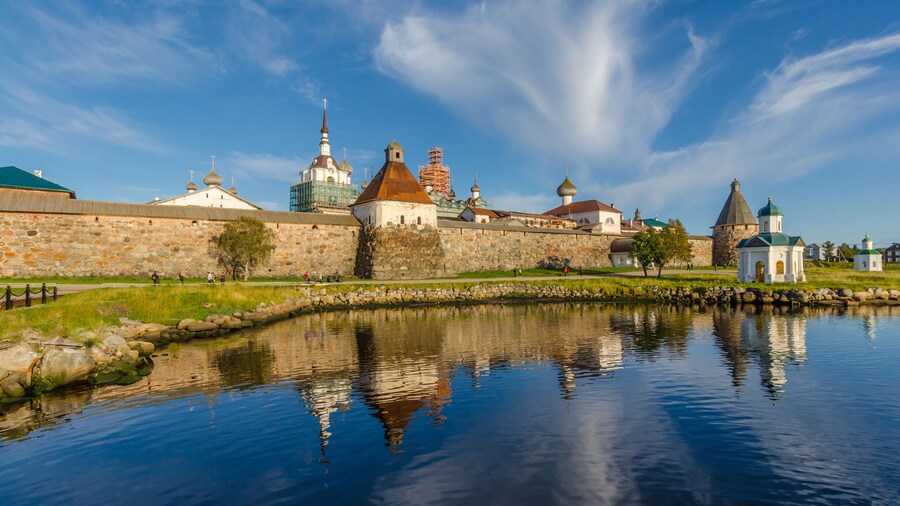View of the Solovetsky Kremlin in the evening with reflection.