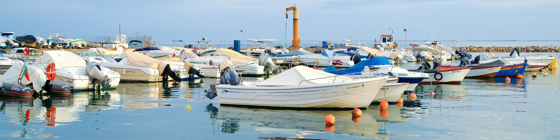Olhao Harbour featuring a bay or harbor