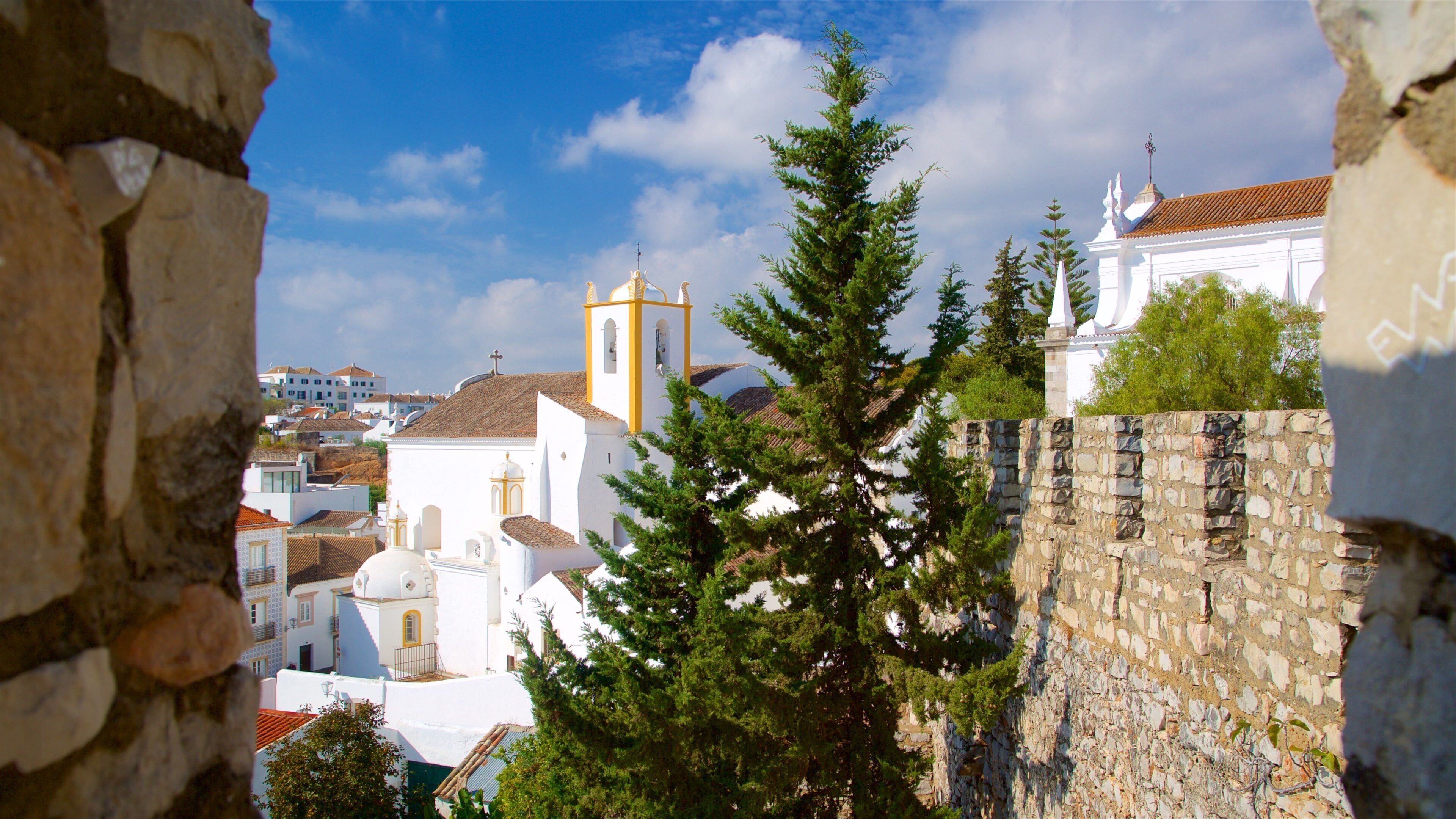 A church with a bell tower, a stone wall, and a tree in the foreground.