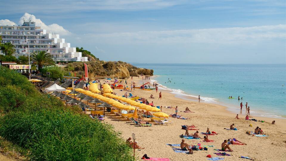 A crowded beach with yellow umbrellas and people sunbathing.
