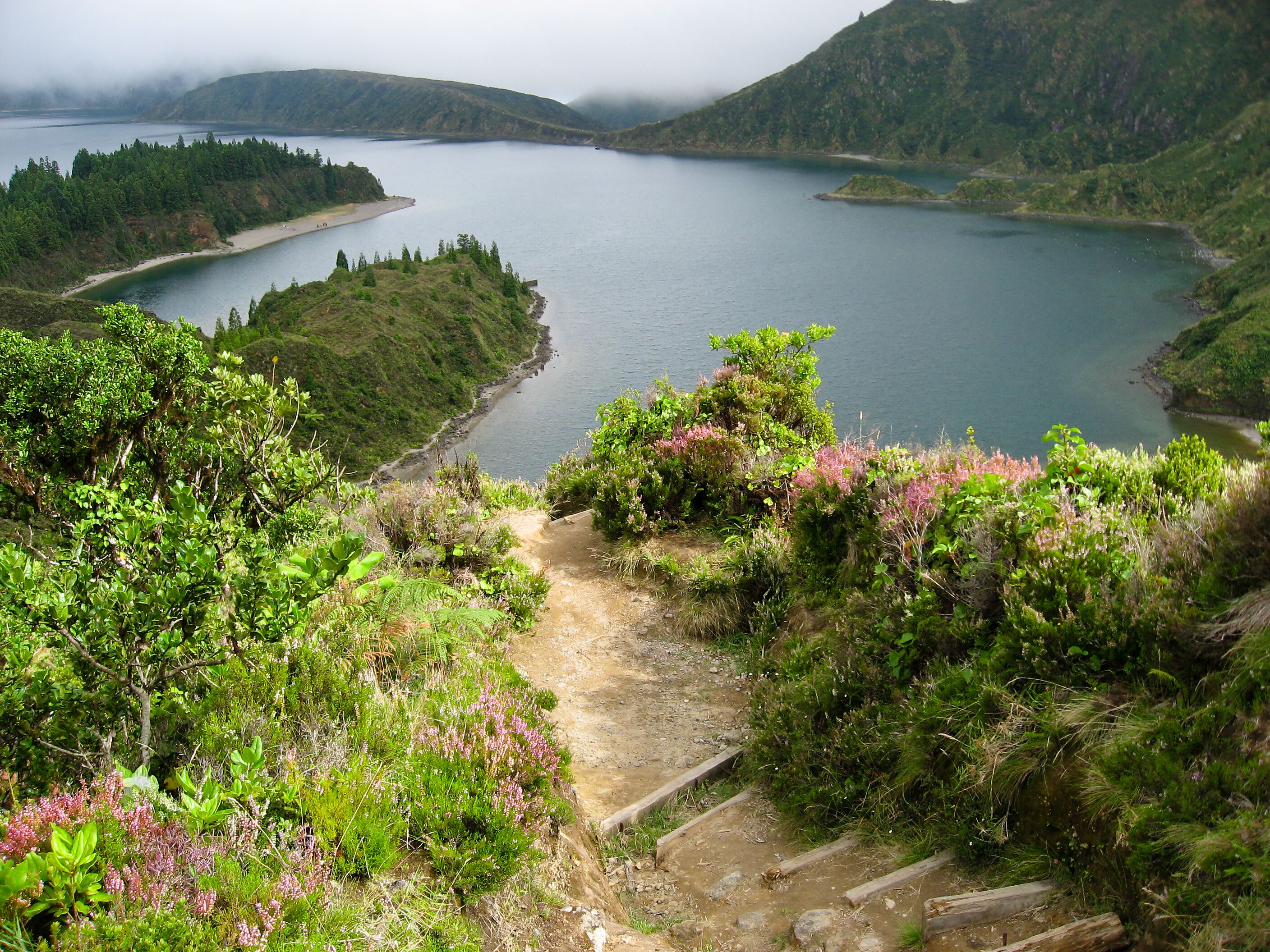 A steep path leading to the lake Lagoa do Fogo, Sao Miguel, Azores