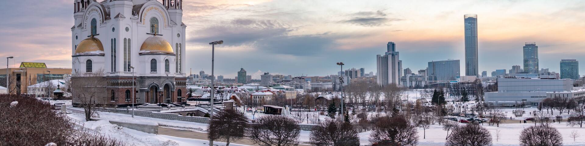 Temple in winter in beautiful pink sunset light. Temple-on Blood, Yekaterinburg, Russia