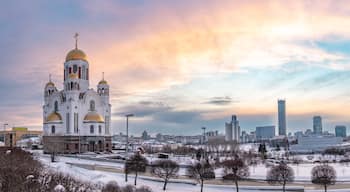 Temple in winter in beautiful pink sunset light. Temple-on Blood, Yekaterinburg, Russia