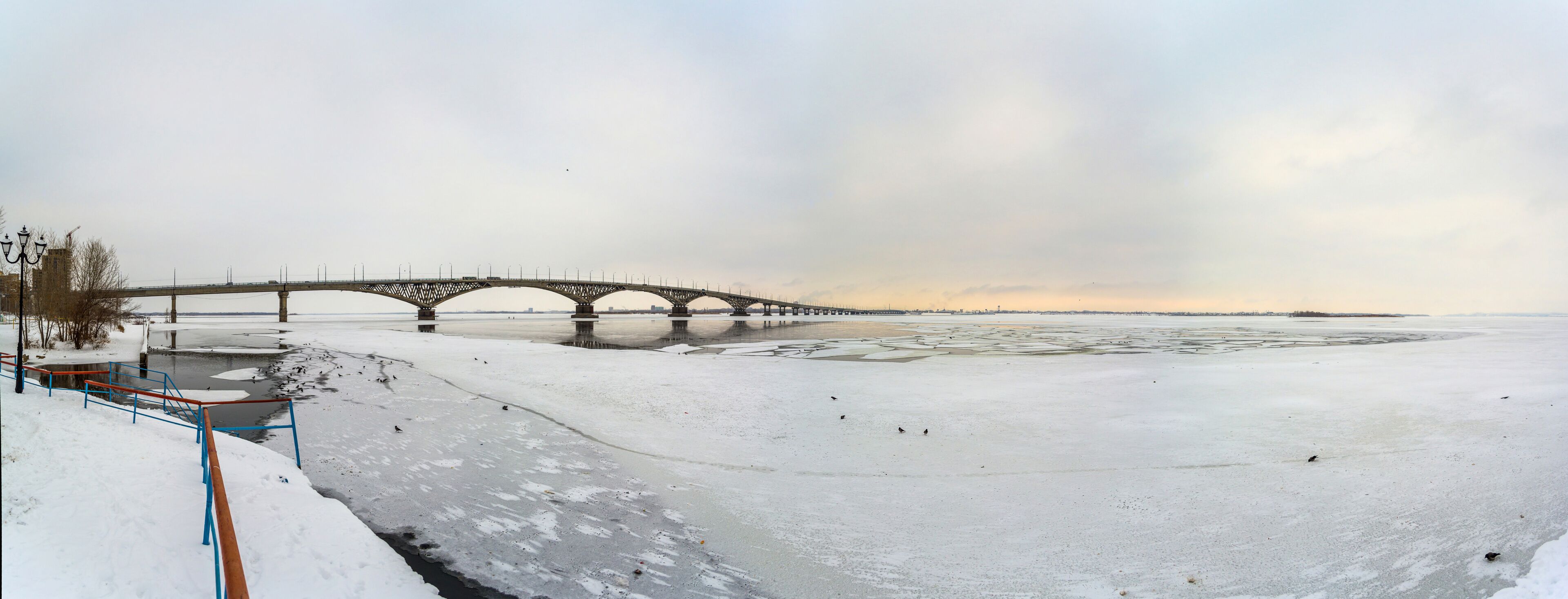 Big Panorama of Frozen Saratov Bridge, Saratov, Russia.