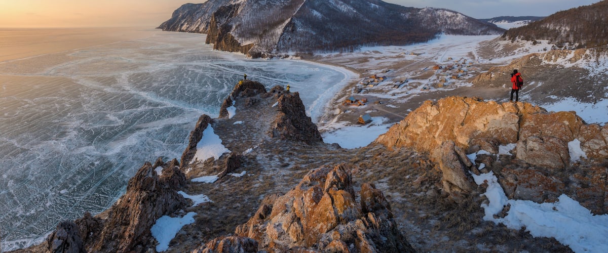The beautiful panoramic landscape of frozen Baikal lake