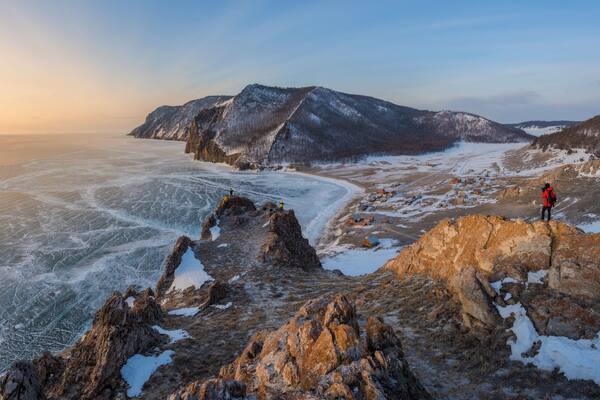 The beautiful panoramic landscape of frozen Baikal lake