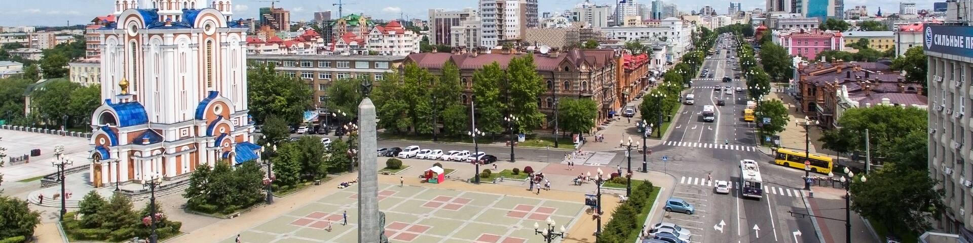 Khabarovsk Komsomolskaya square. the view from the top. filmed with a drone. the Russian far East.