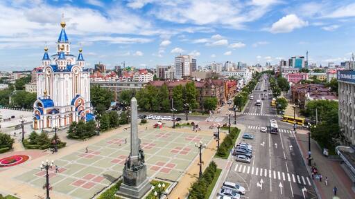 Khabarovsk Komsomolskaya square. the view from the top. filmed with a drone. the Russian far East.