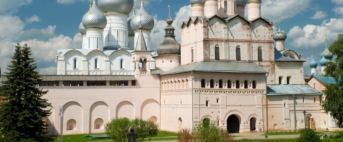 Assumption Cathedral and church of the Resurrection in Rostov Kremlin. The ancient town of Rostov The Great is a tourist center of the Golden Ring of Russia.