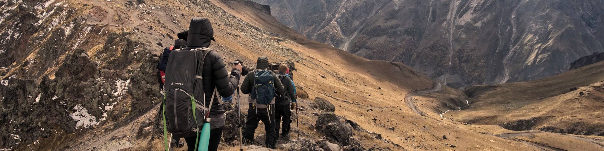 A group of hikers on a mountain trail with snow-capped peaks in the background.