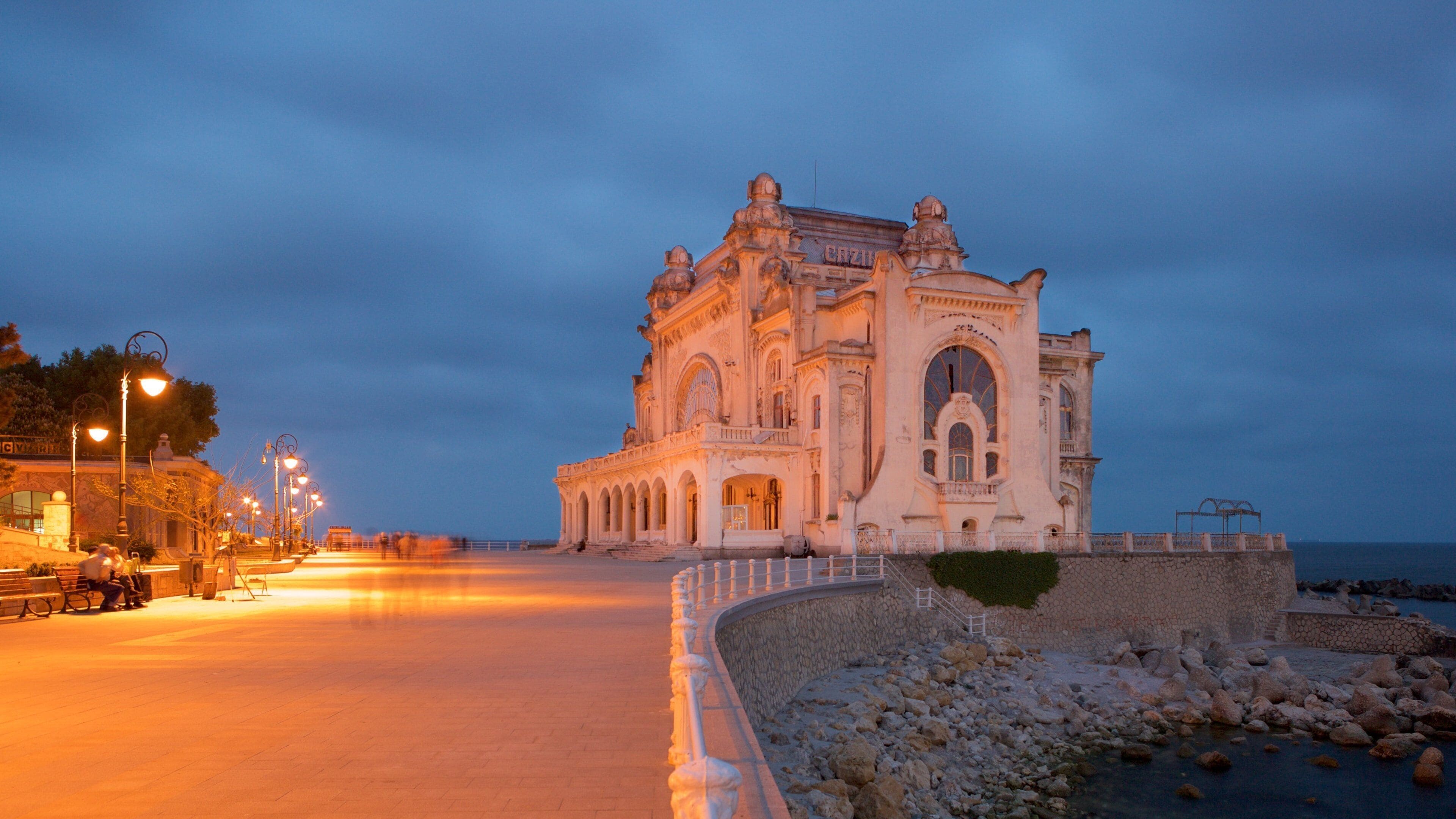Constanta Casino featuring night scenes and heritage architecture
