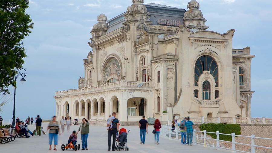 Constanta Casino which includes heritage architecture as well as a large group of people