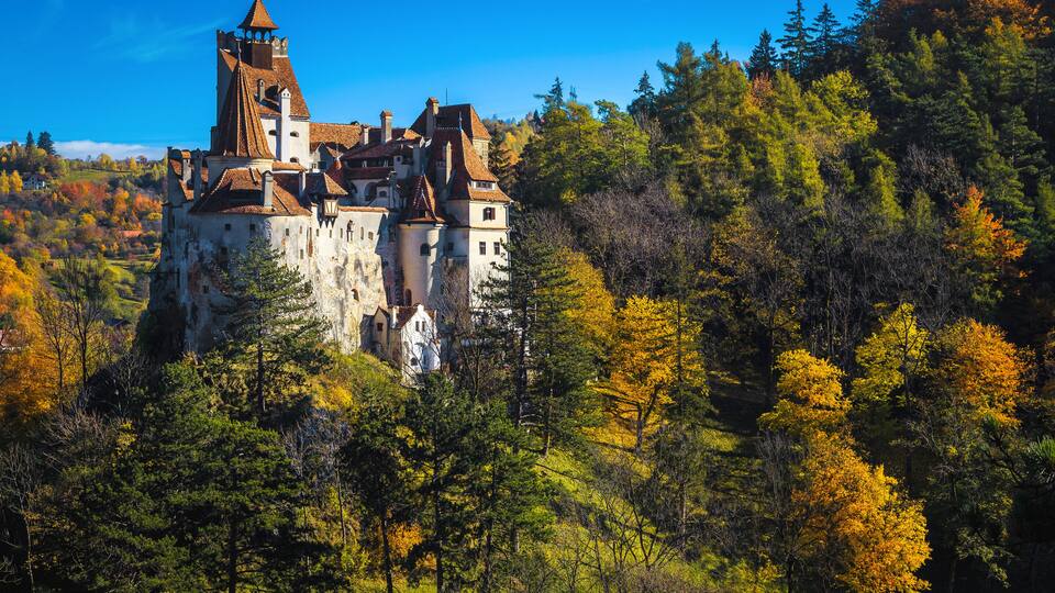 A historic castle surrounded by autumn foliage.