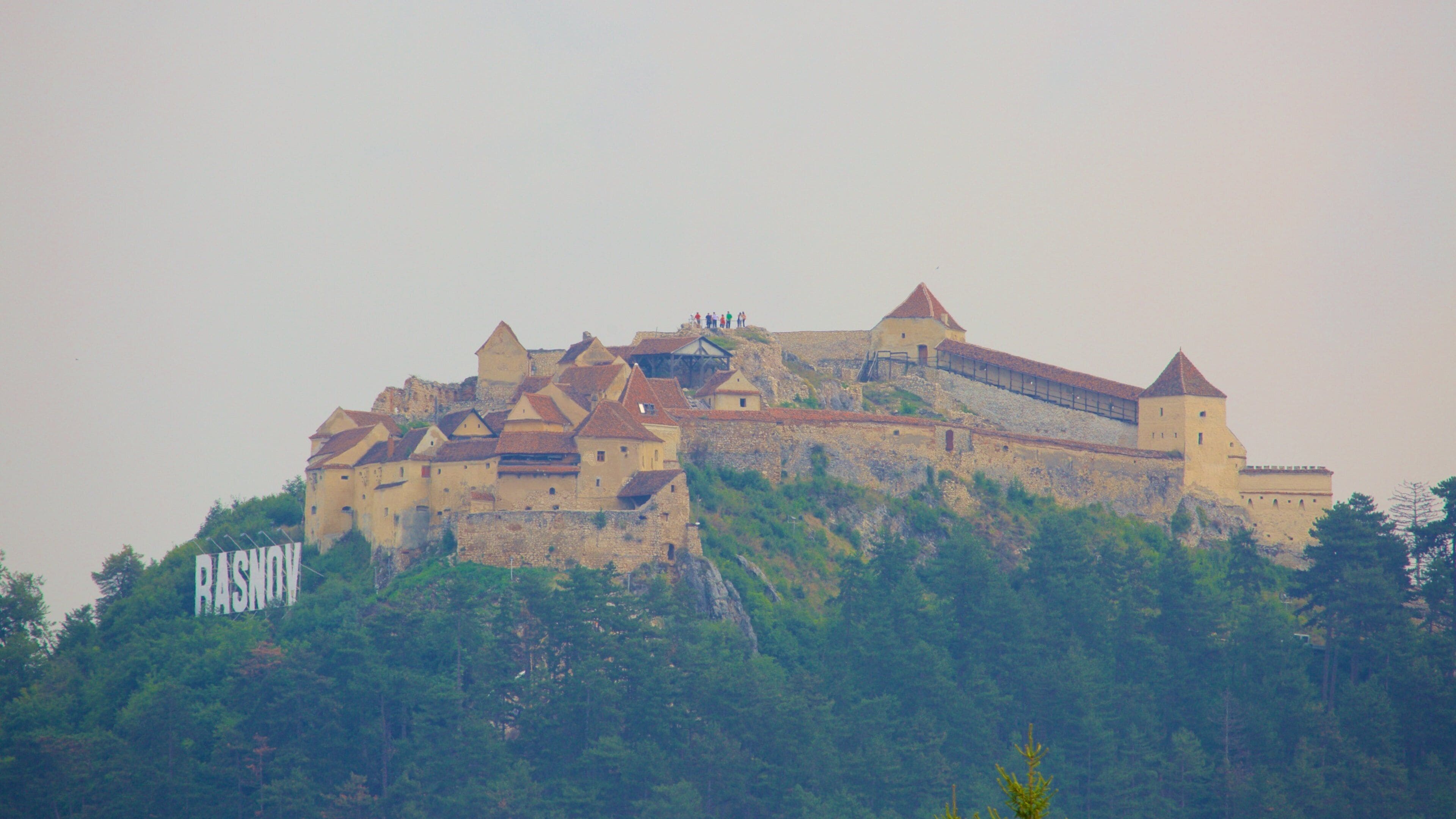 Rasnov Fortress which includes signage and a castle