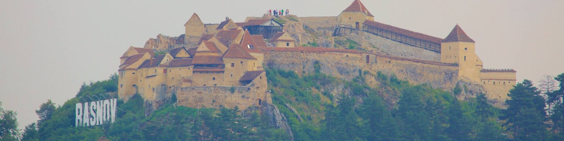 Rasnov Fortress which includes signage and a castle