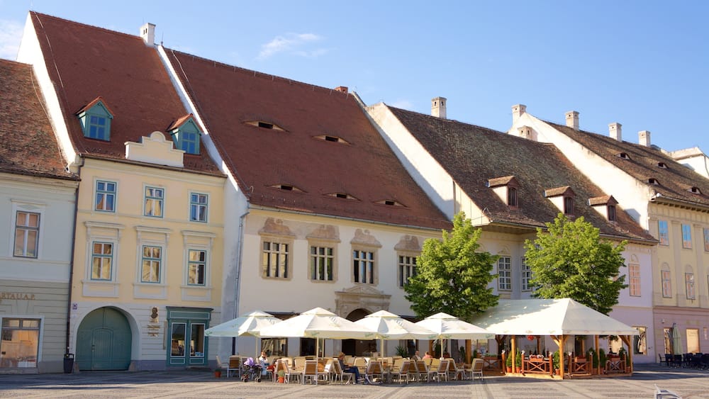 Ein historischer europäischer Platz mit traditioneller Architektur, Straßencafés und einem markanten Baum.