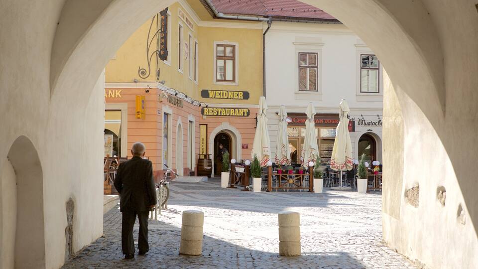 A cobblestone street with a man walking, a yellow building labeled 'WEIDNER RESTAURANT', and a white building with 'LUCKANO' signage.