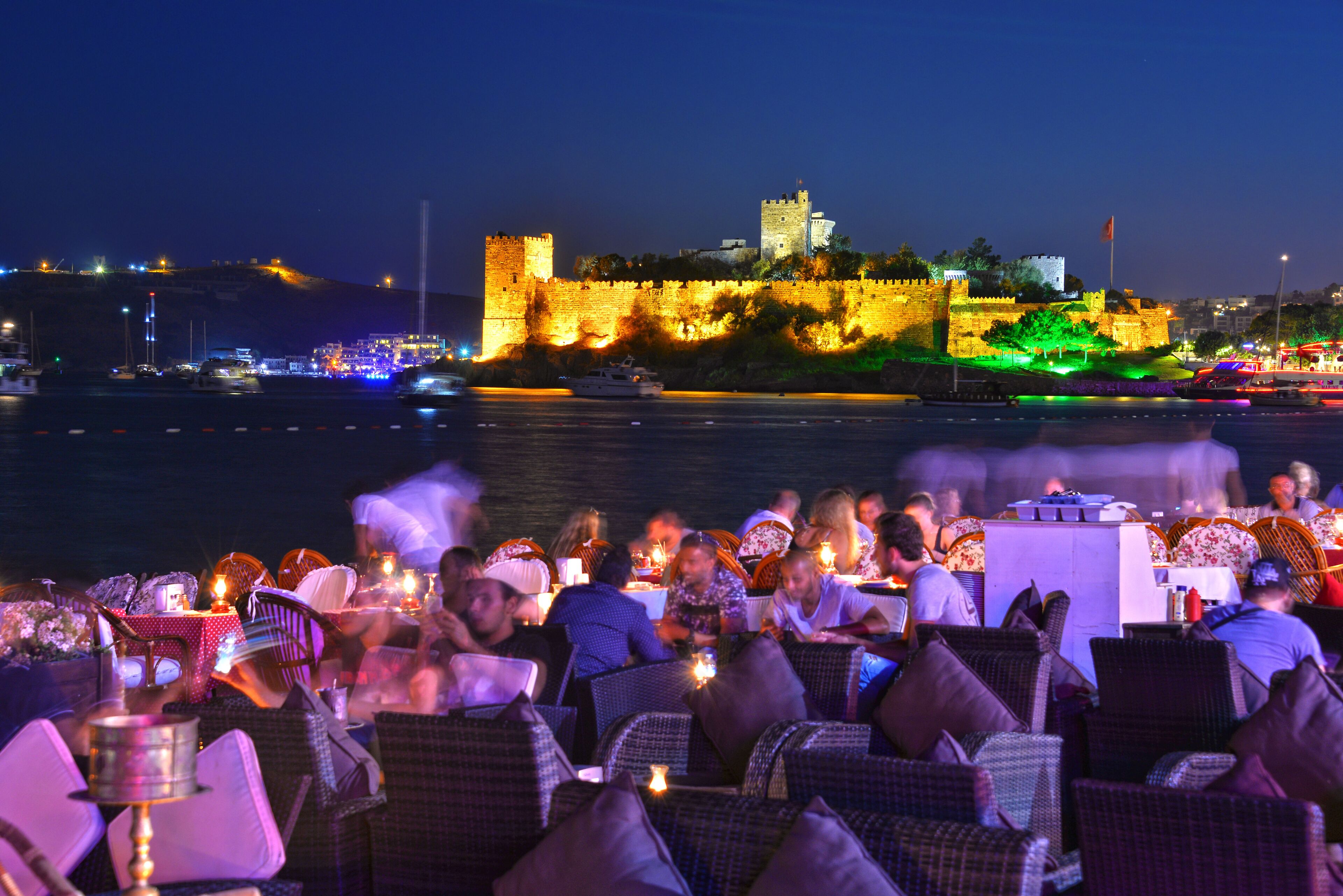 View of Bodrum harbor and Castle of St. Peter by night