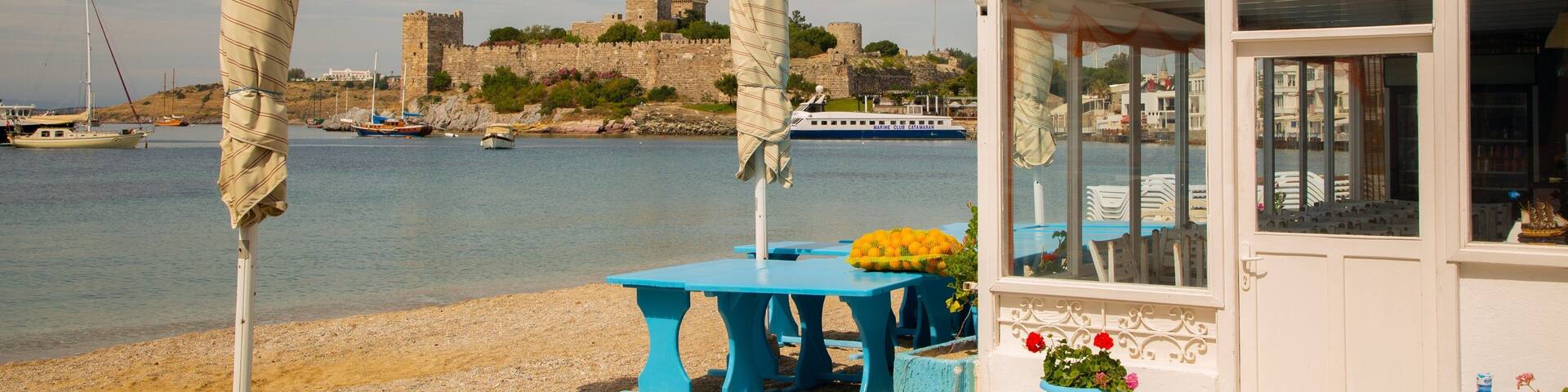 A coastal scene with a beach, a table with yellow flowers, a large water container, and a building with a blue roof overlooking a historic castle.