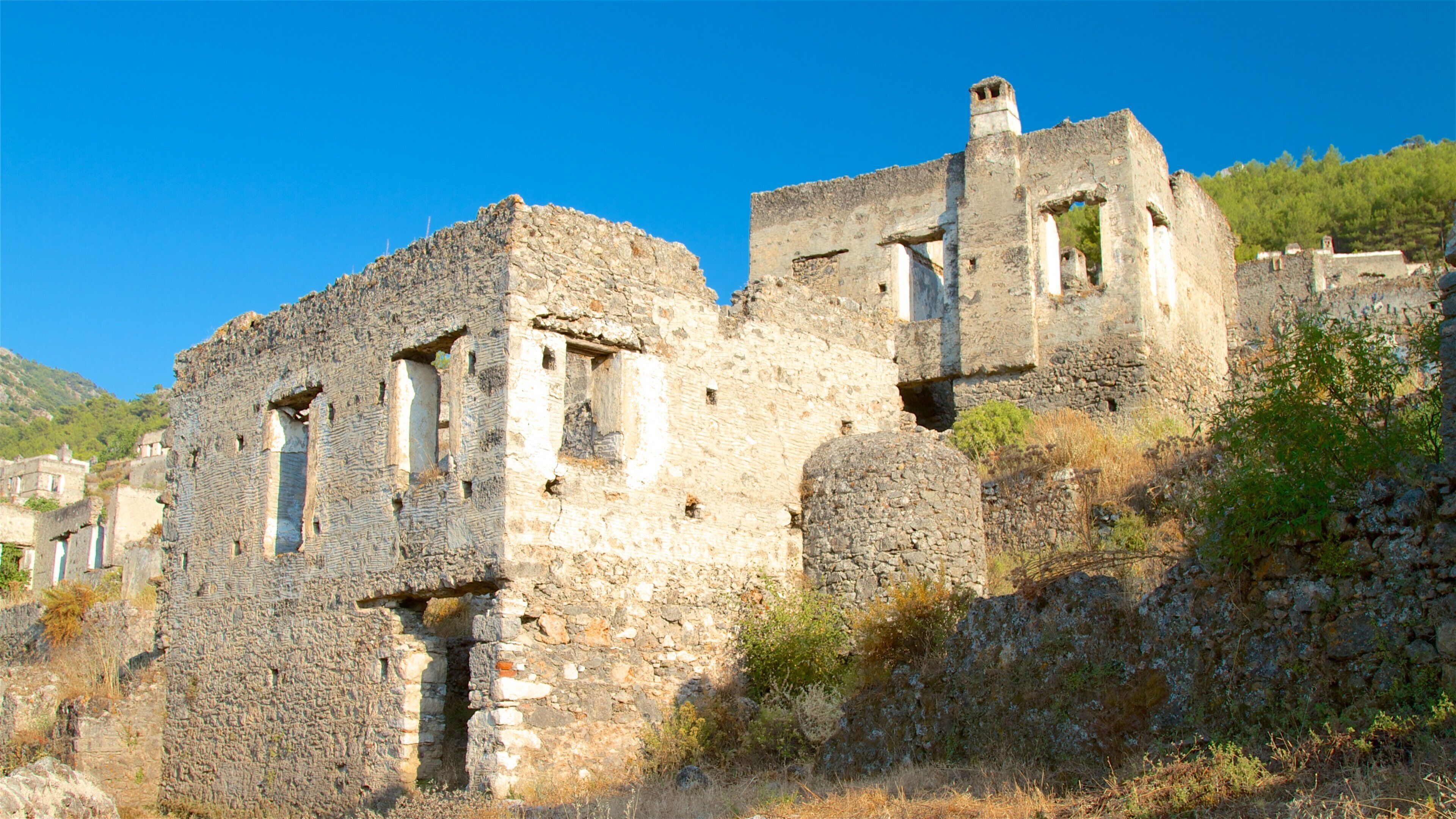 Kayakoy que incluye ruinas de edificios y elementos patrimoniales